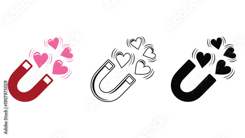 Heart magnet icons in red, black and white illustration styles