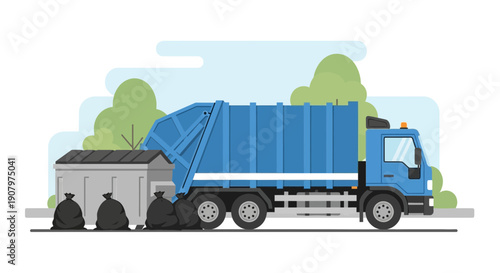 Garbage Truck and Waste Collection Scene Flat Vector Illustration