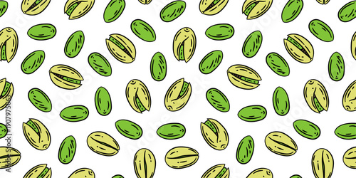 doodle pistachio pattern background for packaging. pistachio seed Seamless pattern Hand drawn sketch. Pistachio nuts pattern background. Vector doodle pistachio nuts seamless pattern background.