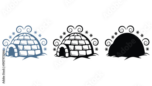 Three stylized igloos are shown in different artistic representations.
