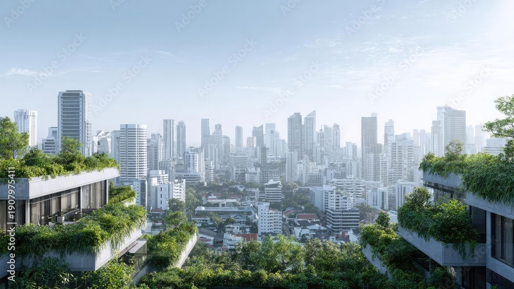 Fototapeta premium Urban skyline of tall buildings seen from a rooftop garden with lush greenery. Concept Rooftop garden cityscape, Urban skyline views, Greenery among skyscrapers, Elevated city photography