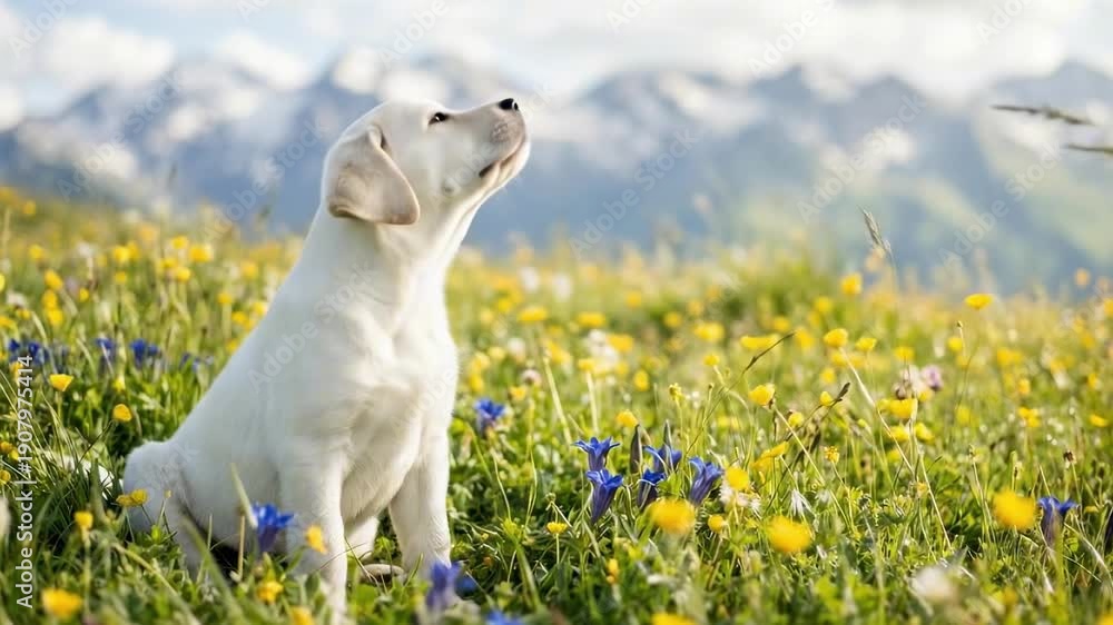 custom made wallpaper toronto digitalwhite labrador puppy. A playful white puppy sits amidst a vibrant meadow filled with colorful wildflowers, while majestic mountains rise in the background under a clear blue sky
