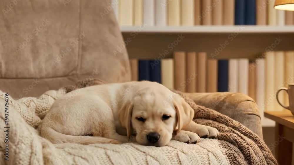 custom made wallpaper toronto digitalwhite labrador puppy. A calm puppy rests on a cozy blanket draped over a sofa, surrounded by bookshelves and warm lighting from a nearby lamp, creating a tranquil atmosphere