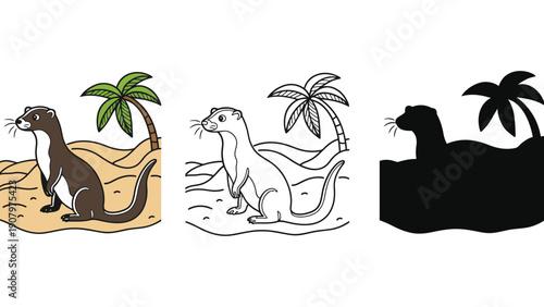 A weasel sits on a sandy beach with a palm tree.
