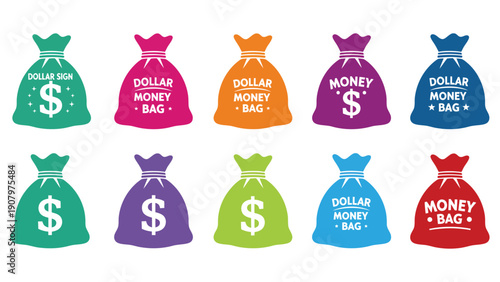 A collection of colorful money bags with dollar signs and text.