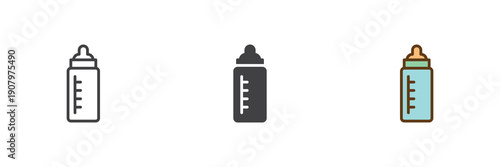 Baby feeding bottle icon set with line, solid and filled outline colorful style. Simple baby bottle icon twice shown as vector sign, symbol and color illustration for infant care.