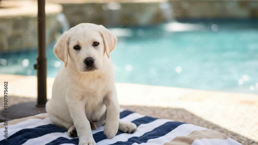 custom made wallpaper toronto digitalwhite labrador puppy. A playful yellow Labrador puppy sits on a striped blanket near a shimmering swimming pool, capturing the essence of a relaxed summer day