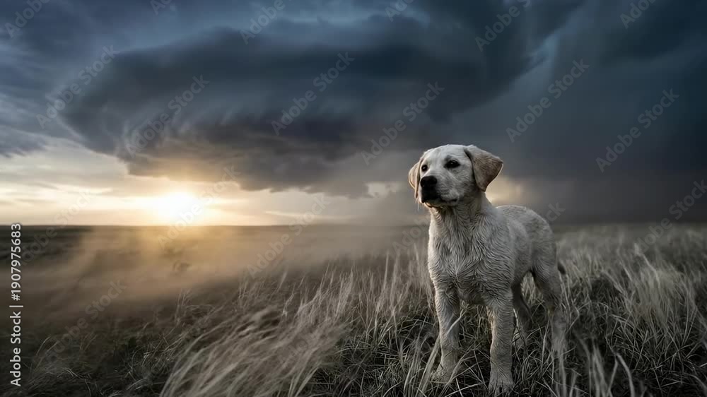 custom made wallpaper toronto digitalwhite labrador puppy. A serene Labrador stands against a dramatic sky swirling with ominous storm clouds, framed by golden grasses swaying gently in the wind during sunset