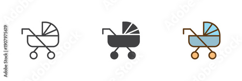 Baby stroller and pram icon set in line, solid and filled outline colorful style. Stroller icon twice used as vector sign, symbol and color illustration for ???????? with baby.