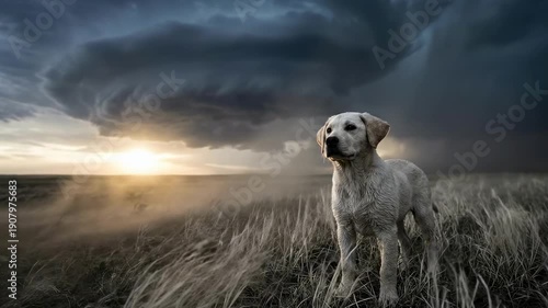 Wallpaper Mural white labrador puppy. A serene Labrador stands against a dramatic sky swirling with ominous storm clouds, framed by golden grasses swaying gently in the wind during sunset Torontodigital.ca
