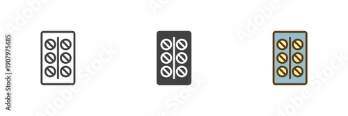 Baby medicine pills blister icon set in line, solid and filled outline colorful style. Pills icon twice shown as vector sign, symbol and color illustration for healthcare theme.