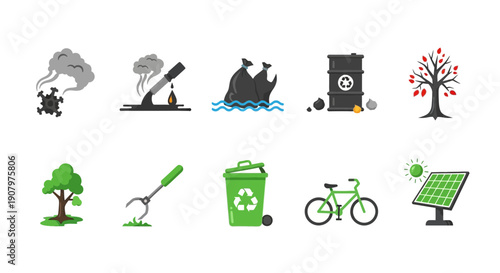 Ten icons showing pollution and conservation concepts in two rows