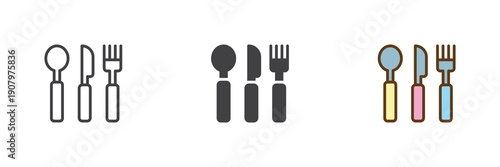 Baby spoon and fork cutlery icon set in line, solid and filled outline colorful style. Cutlery icon twice used as vector sign, symbol and color illustration for baby feeding.