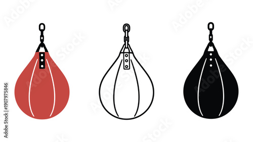 Three punching bags are displayed in red, outline, and black.