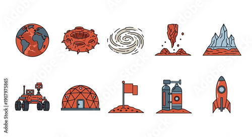 Ten icons related to space exploration Mars and technology arranged in two rows