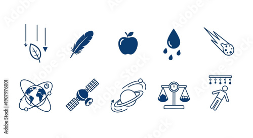 Ten dark blue line icons arranged in two rows of five depicting physics concepts