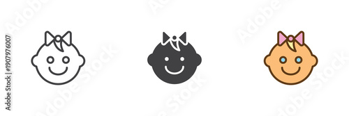 Cute baby girl face with bow icon set in line, solid and filled outline colorful style. Girl icon twice used as vector sign, symbol and color illustration for kids design.
