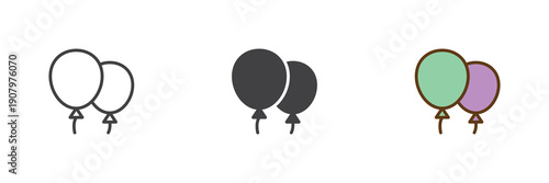 Party balloons icon set in line, solid and filled outline colorful style. Balloon icon twice presented as vector sign, symbol and color illustration for celebration and baby party.