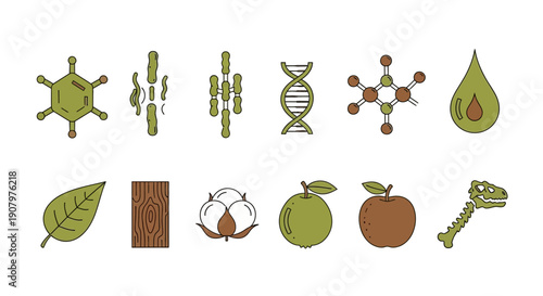 Row of ten distinct biological and natural science icons on a white background