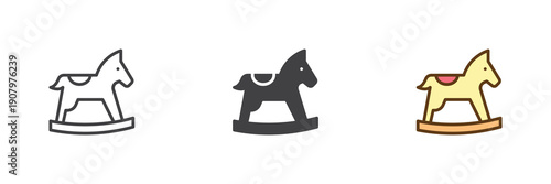 Classic rocking horse toy icon set in line, solid and filled outline colorful style. Horse icon twice used as vector sign, symbol and color illustration for baby playtime.