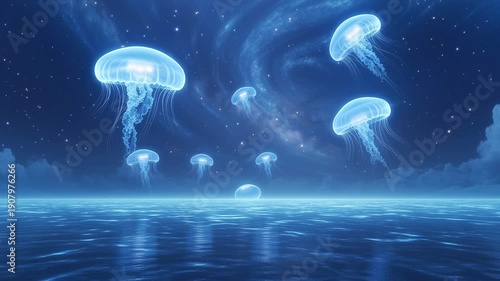 Glowing jellyfish drifting across serene cosmic ocean night sky
