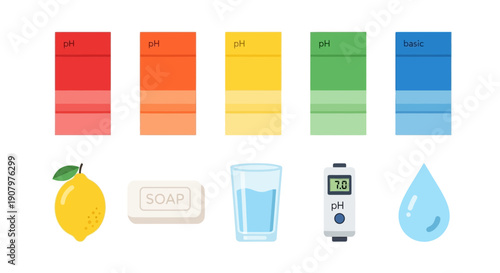 Illustration showing pH scale colors and related items lemon soap water meter and droplet