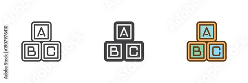 ABC alphabet blocks toy icon set in line, solid and filled outline colorful style. Blocks icon twice used as vector sign, symbol and color illustration for learning baby.
