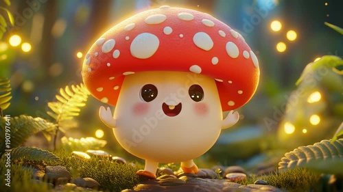 Cute glowing mushroom character in magical forest fantasy scene setting
