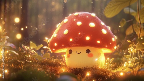 Cute glowing mushroom character in magical forest fairy lights
