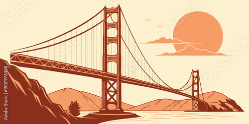 Golden Gate Bridge Sunset Wall Art – Warm Vintage Orange & Brown Illustration | Modern San Francisco Decor, U.S, USA, US, United States
