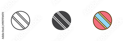 Striped play ball toy icon set in line, solid and filled outline colorful style. Ball icon twice shown as vector sign, symbol and color illustration for baby games.