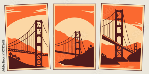 Golden Gate Bridge Wall Art – Retro San Francisco Prints, Warm Orange Minimalist California Decor, Vintage Postcard‑Style Poster Set, U.S, USA, US, United States
