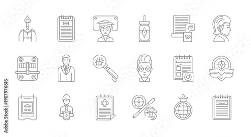 A grid of 15 line icons depicting various objects and people related to science business and study