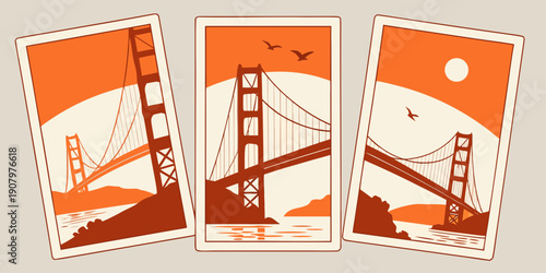 Golden Gate Bridge Wall Art – Retro San Francisco Prints, Warm Orange Minimalist California Decor, Vintage Postcard‑Style Poster Set, U.S, USA, US, United States
