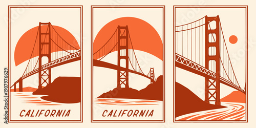 Golden Gate Bridge Wall Art – Modern California Prints, Warm Orange Minimalist San Francisco Decor, Retro Landscape Poster Set, U.S, USA, US, United States
