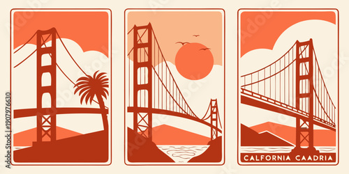 Golden Gate Bridge Triptych Wall Art – Modern San Francisco Prints, Warm Orange Minimalist California Decor, Scenic Landscape Poster Set, U.S, USA, US, United States
