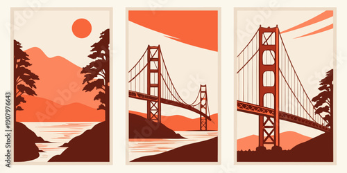 Golden Gate Bridge Triptych Wall Art – Modern San Francisco Prints, Warm Orange Minimalist California Decor, Scenic Landscape Poster Set, U.S, USA, US, United States
