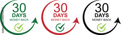 30 days money back guarantee icons with circular arrow and checkmark symbols