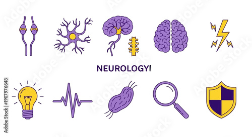 A collection of ten purple yellow and white lineart icons related to neurology below the word NEUROLOGYI