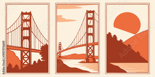 Golden Gate Bridge Triptych Wall Art – Modern San Francisco Prints, Warm Orange Minimalist California Decor, Scenic Landscape Poster Set, U.S, USA, US, United States
