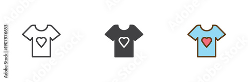 Baby t shirt with heart icon set in line, solid and filled outline colorful style. Shirt icon twice shown as vector sign, symbol and color illustration for baby clothes.