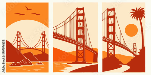 Golden Gate Bridge Triptych Wall Art – Modern San Francisco Prints, Warm Orange Minimalist California Decor, Scenic Landscape Poster Set, U.S, USA, US, United States
