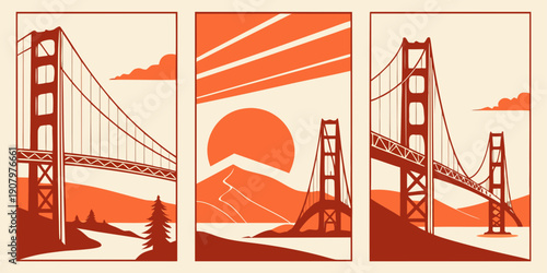 Golden Gate Bridge Triptych Wall Art – Modern San Francisco Prints, Warm Orange Minimalist California Decor, Scenic Landscape Poster Set, U.S, USA, US, United States

