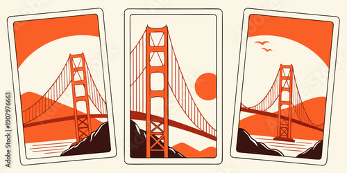 Golden Gate Bridge Triptych Wall Art – Modern San Francisco Prints, Warm Orange Minimalist California Decor, Scenic Landscape Poster Set, U.S, USA, US, United States
