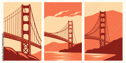Golden Gate Bridge Triptych Wall Art – Modern San Francisco Prints, Warm Orange Minimalist California Decor, Scenic Landscape Poster Set, U.S, USA, US, United States
