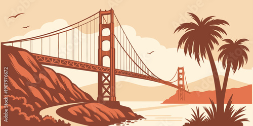 Golden Gate Bridge Wall Art – Modern San Francisco Print, Warm Orange Minimalist California Decor, Retro Coastal Landscape Poster, U.S, USA, US, United States
