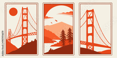 Golden Gate Bridge Triptych Wall Art – Modern San Francisco Prints, Warm Orange Minimalist California Decor, Scenic Landscape Poster Set, U.S, USA, US, United States
