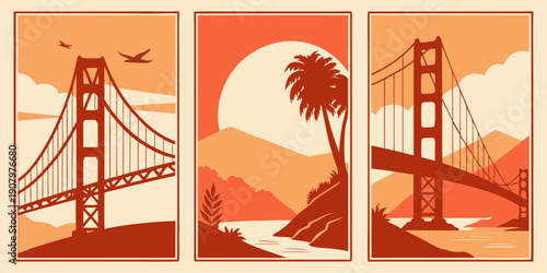 Golden Gate Bridge Triptych Wall Art – Modern San Francisco Prints, Warm Orange Minimalist California Decor, Scenic Landscape Poster Set, U.S, USA, US, United States
