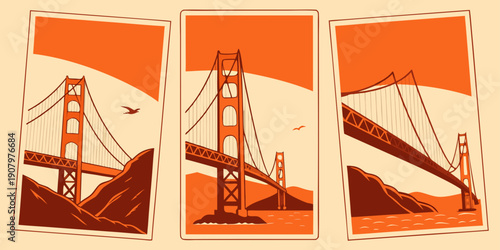 Golden Gate Bridge Triptych Wall Art – Modern San Francisco Prints, Warm Orange Minimalist California Decor, Scenic Landscape Poster Set, U.S, USA, US, United States
