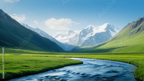 Serene mountain valley with winding river under clear sky
